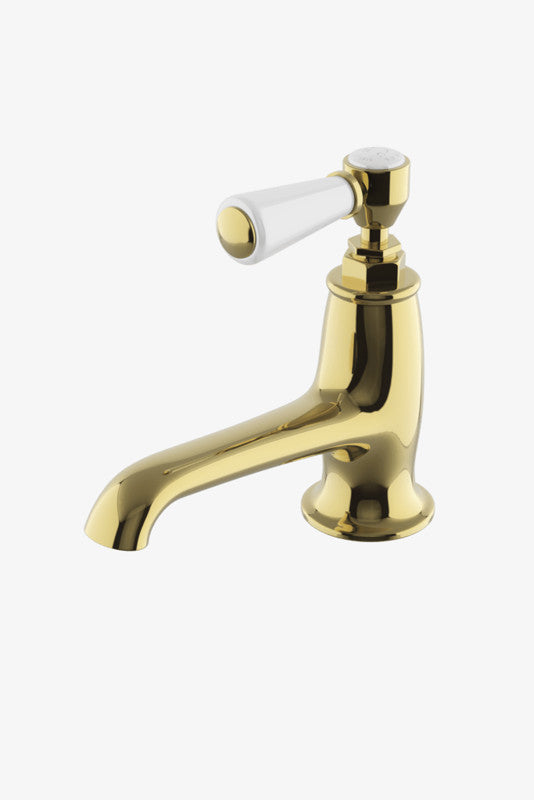 Highgate Low Profile One Hole Deck Mounted Lavatory Faucet with White Porcelain Lever Handles