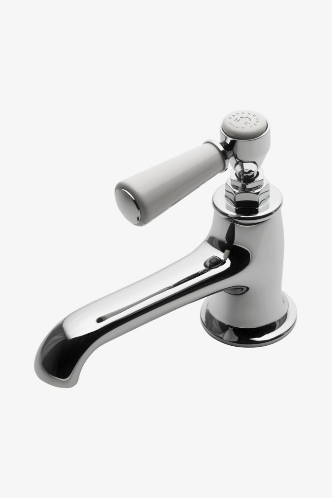 Highgate Low Profile One Hole Deck Mounted Lavatory Faucet with White Porcelain Lever Handles