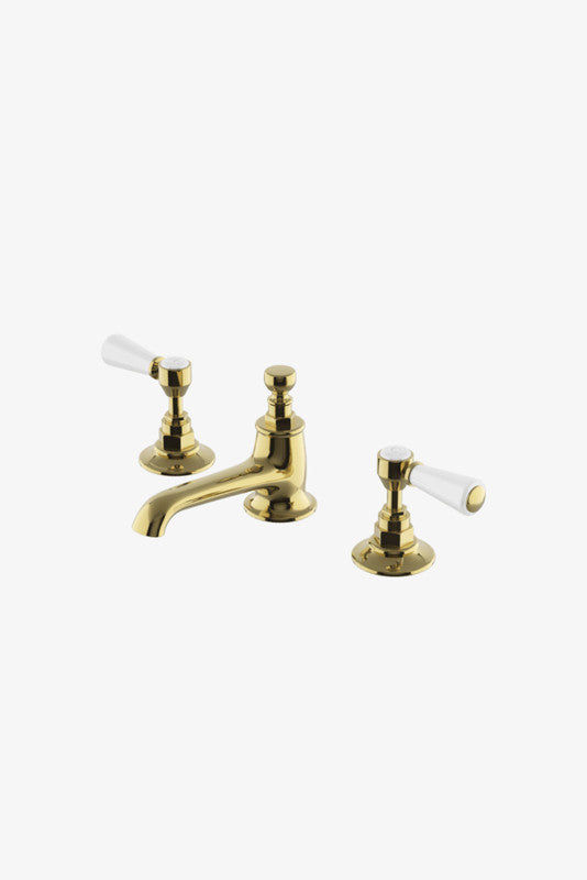 Highgate Low Profile Three Hole Deck Mounted Lavatory Faucet with White Porcelain Lever Handles