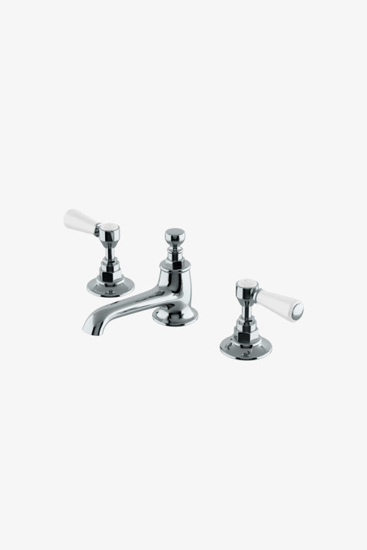 Highgate Low Profile Three Hole Deck Mounted Lavatory Faucet with White Porcelain Lever Handles