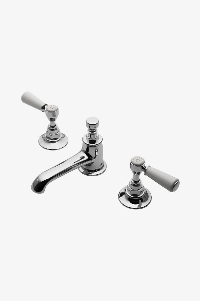Highgate Low Profile Three Hole Deck Mounted Lavatory Faucet with White Porcelain Lever Handles